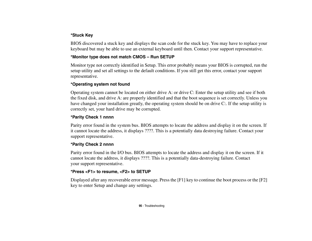 Fujitsu Siemens Computers N6470 manual Stuck Key, Monitor type does not match Cmos Run Setup, Operating system not found 