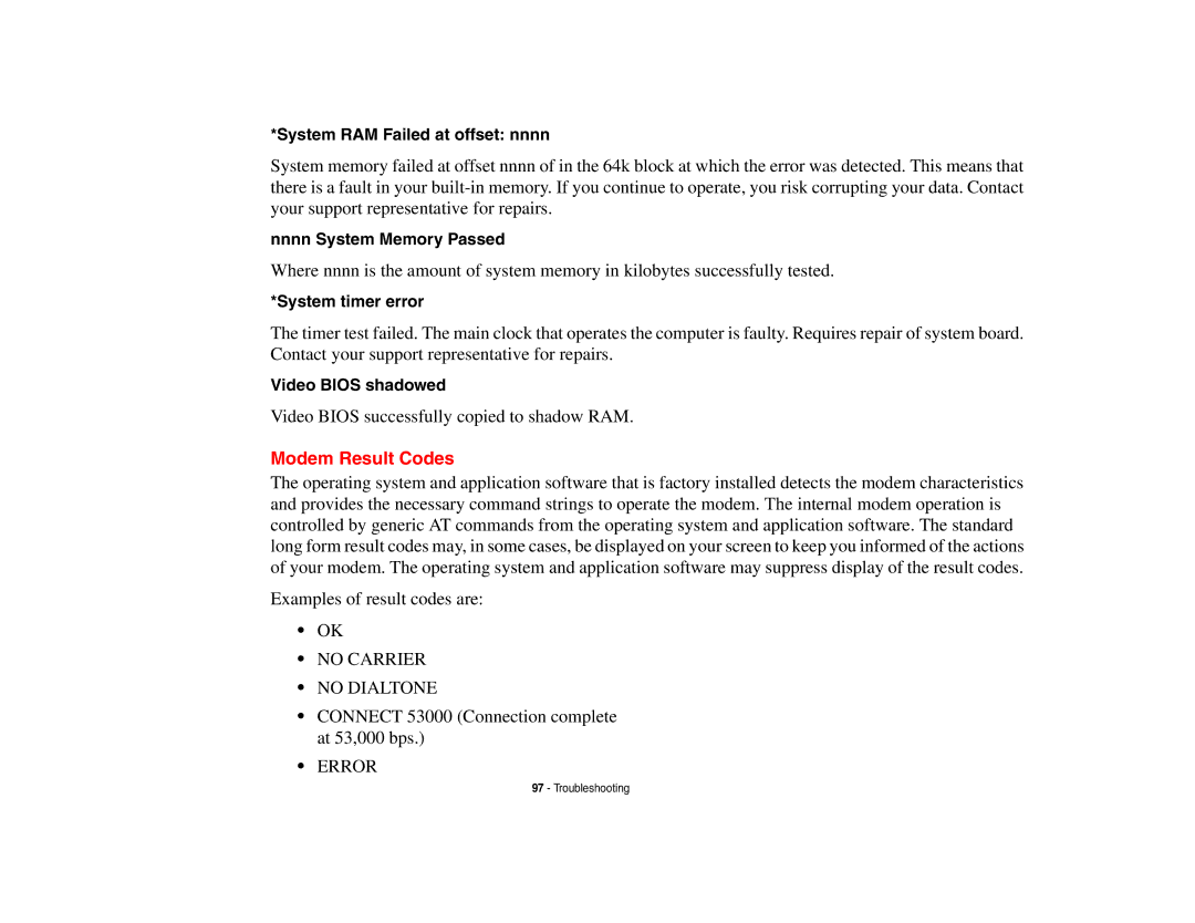 Fujitsu Siemens Computers N6470 manual Modem Result Codes, System RAM Failed at offset nnnn, Nnnn System Memory Passed 