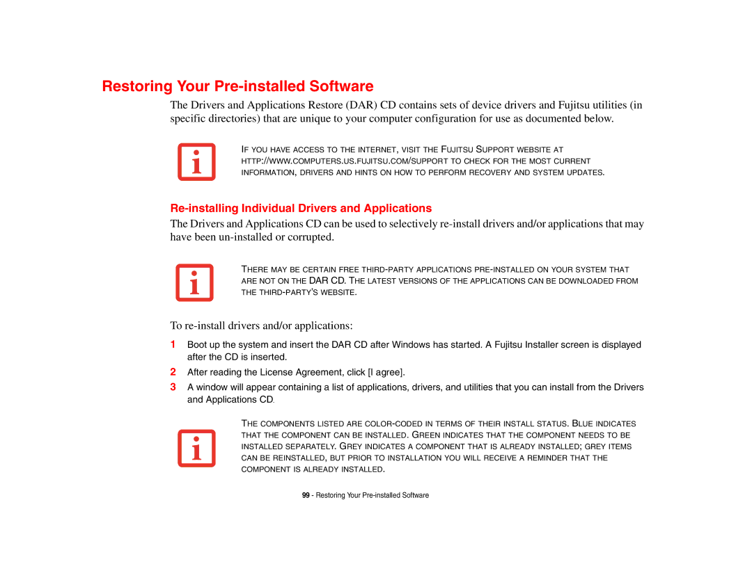 Fujitsu Siemens Computers N6470 Restoring Your Pre-installed Software, Re-installing Individual Drivers and Applications 