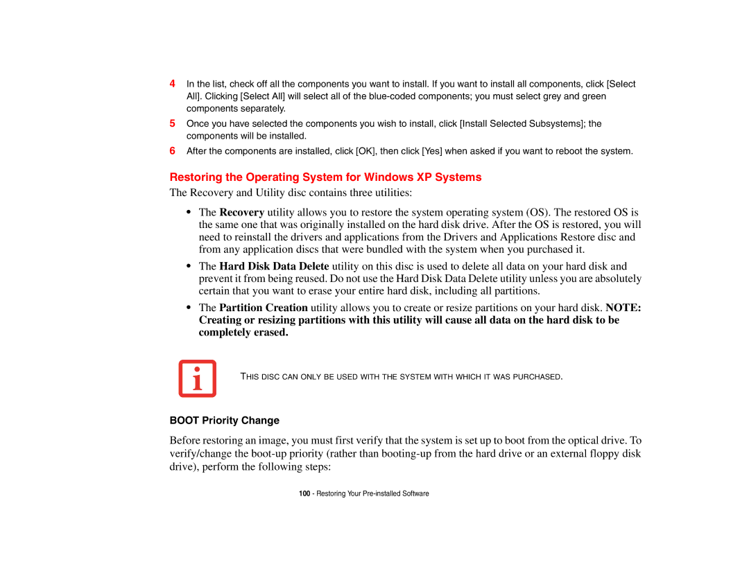 Fujitsu Siemens Computers N6470 manual Restoring the Operating System for Windows XP Systems, Boot Priority Change 