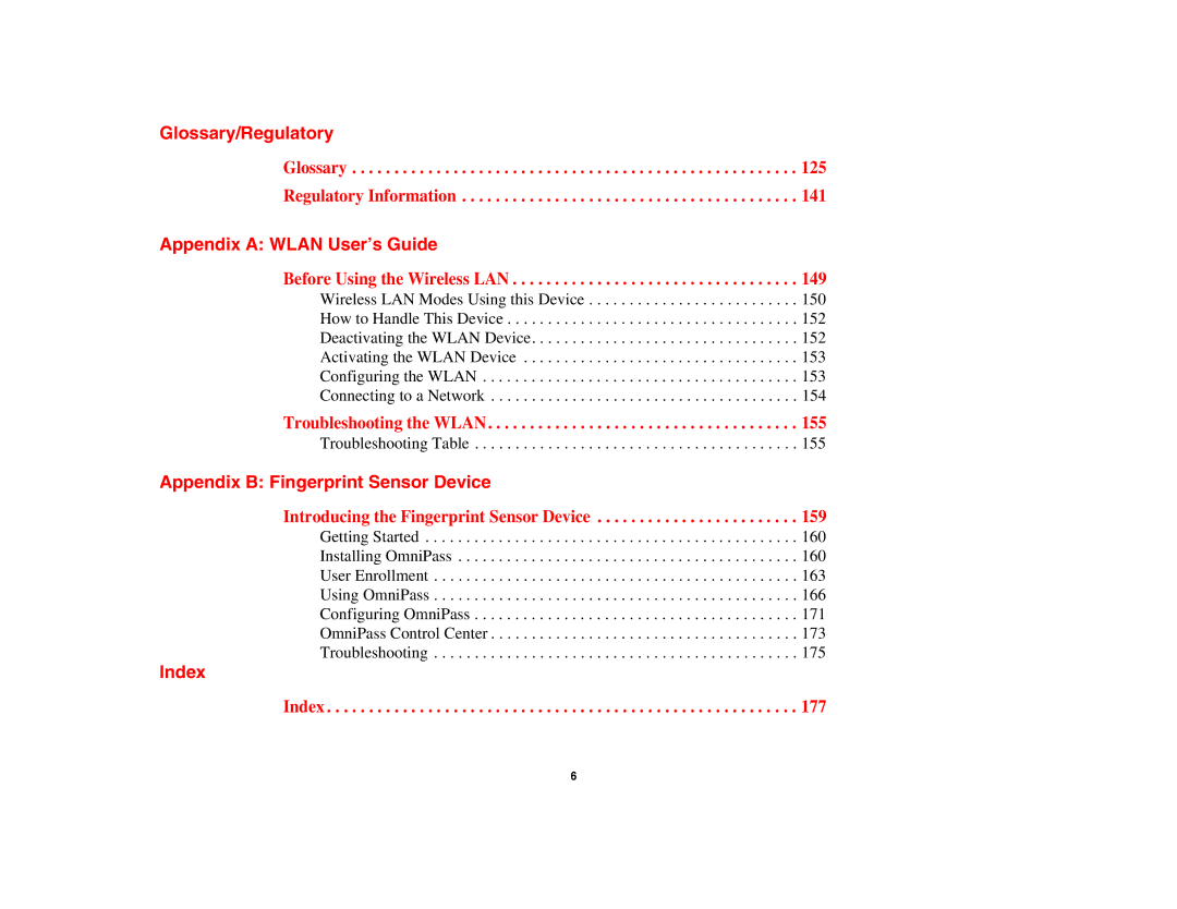 Fujitsu Siemens Computers N6470 Glossary/Regulatory, Appendix a Wlan User’s Guide, Appendix B Fingerprint Sensor Device 