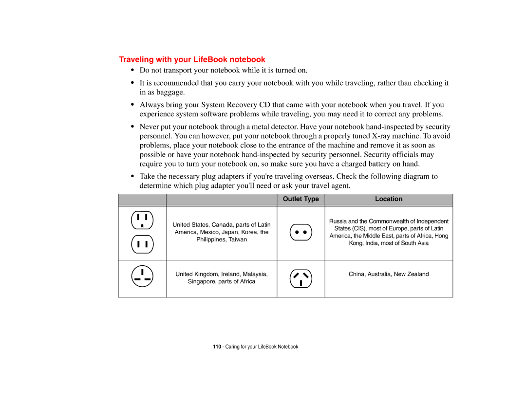 Fujitsu Siemens Computers N6470 manual Traveling with your LifeBook notebook, Outlet Type Location 