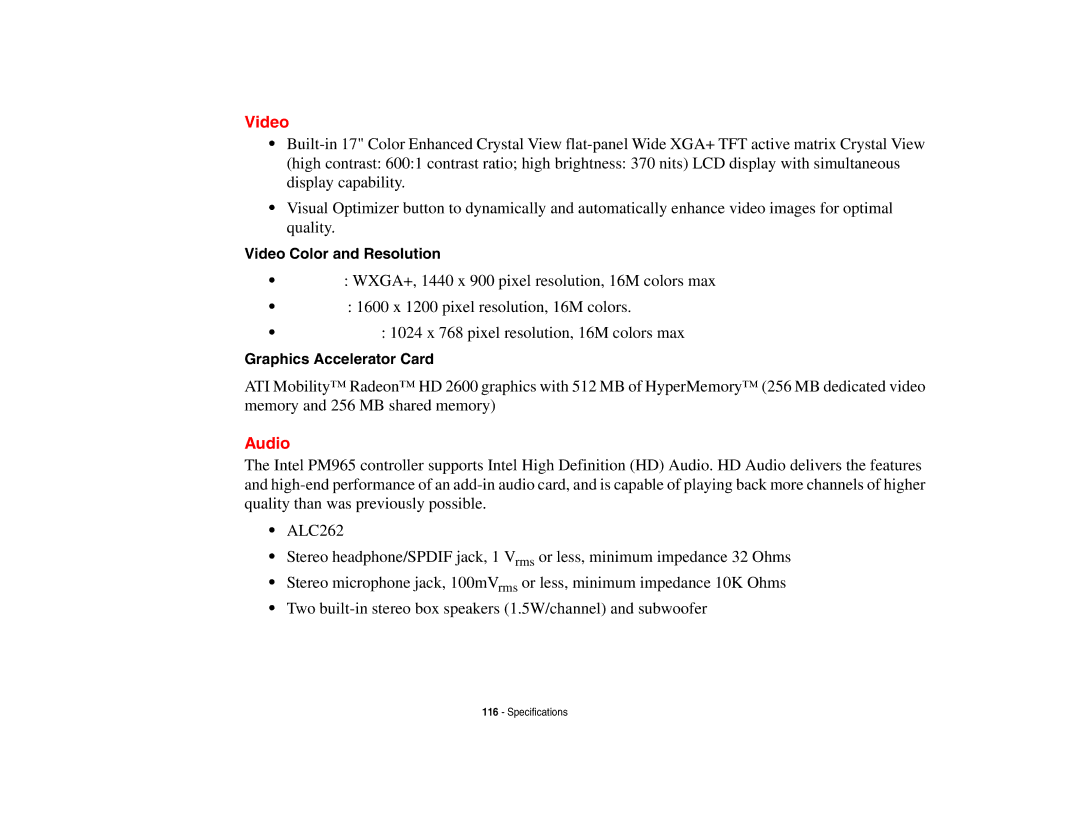 Fujitsu Siemens Computers N6470 manual Audio, Video Color and Resolution, Graphics Accelerator Card 