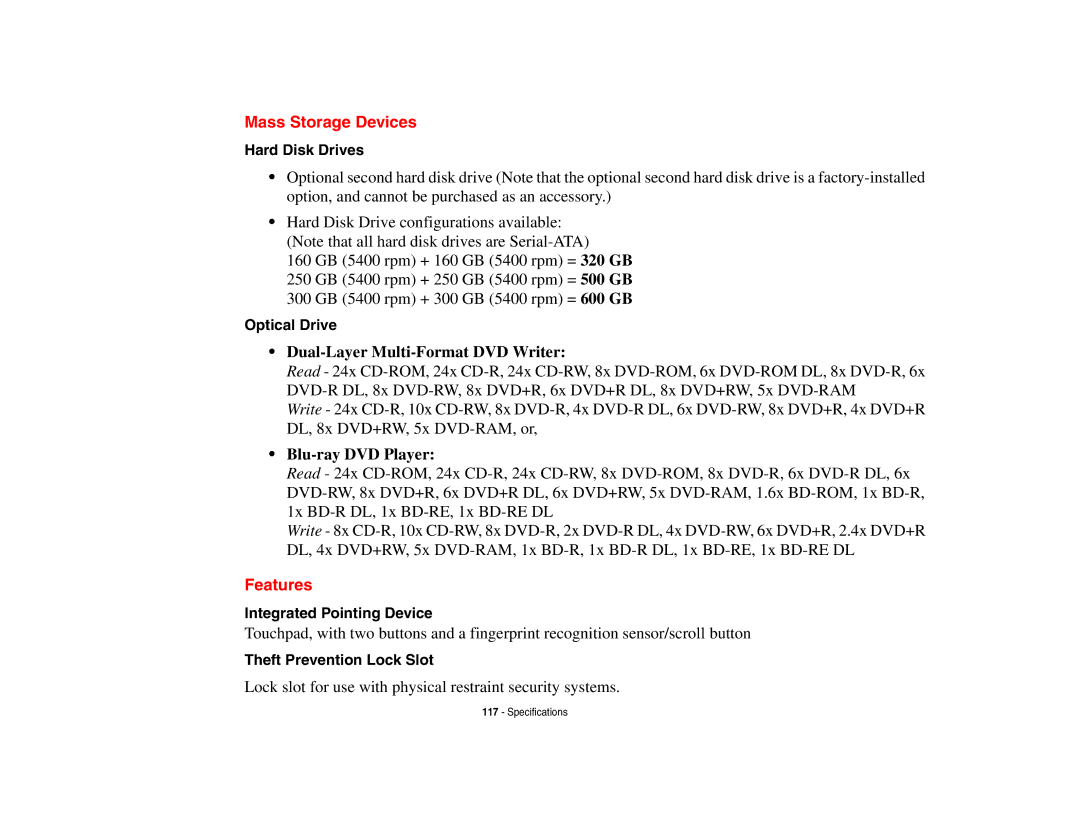 Fujitsu Siemens Computers N6470 manual Mass Storage Devices, Features, Hard Disk Drives, Integrated Pointing Device 