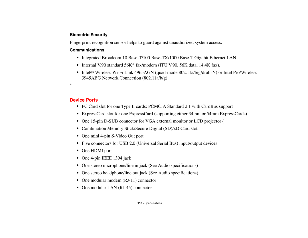 Fujitsu Siemens Computers N6470 manual Device Ports, Biometric Security, Communications 