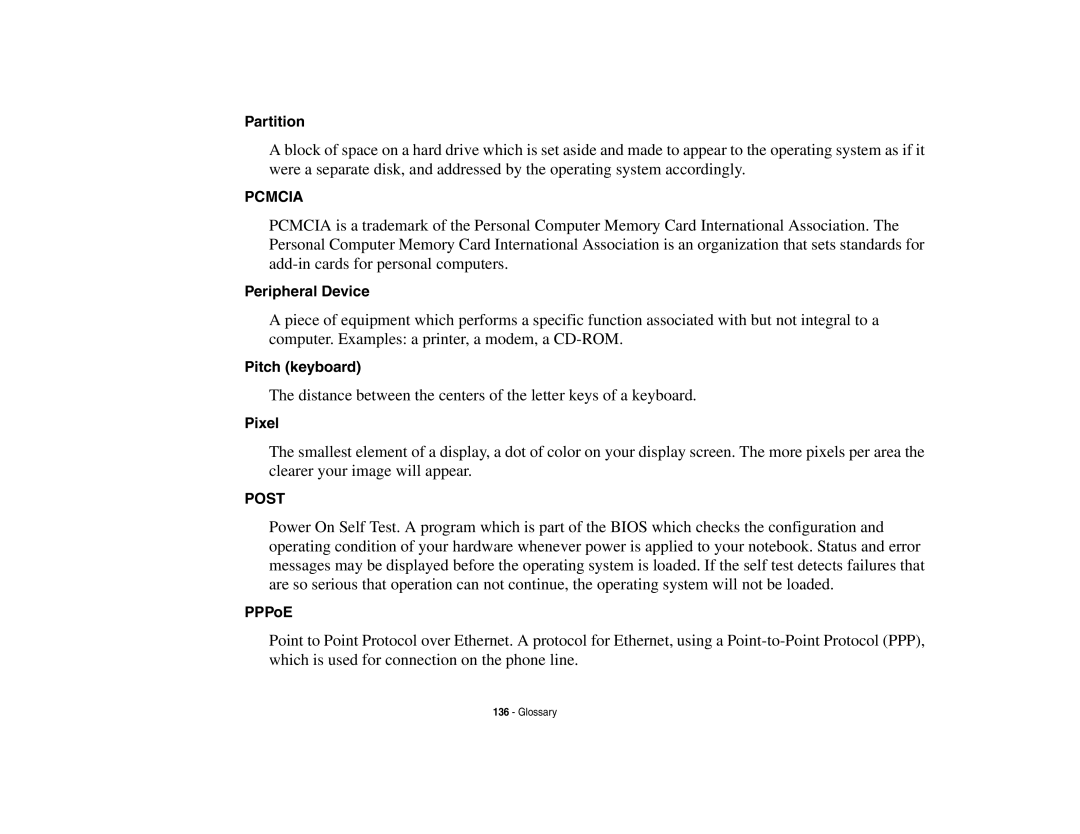 Fujitsu Siemens Computers N6470 manual Partition, Peripheral Device, Pitch keyboard, Pixel, PPPoE 