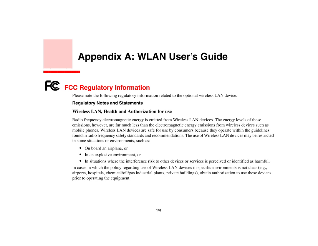 Fujitsu Siemens Computers N6470 Appendix a Wlan User’s Guide, FCC Regulatory Information, Regulatory Notes and Statements 