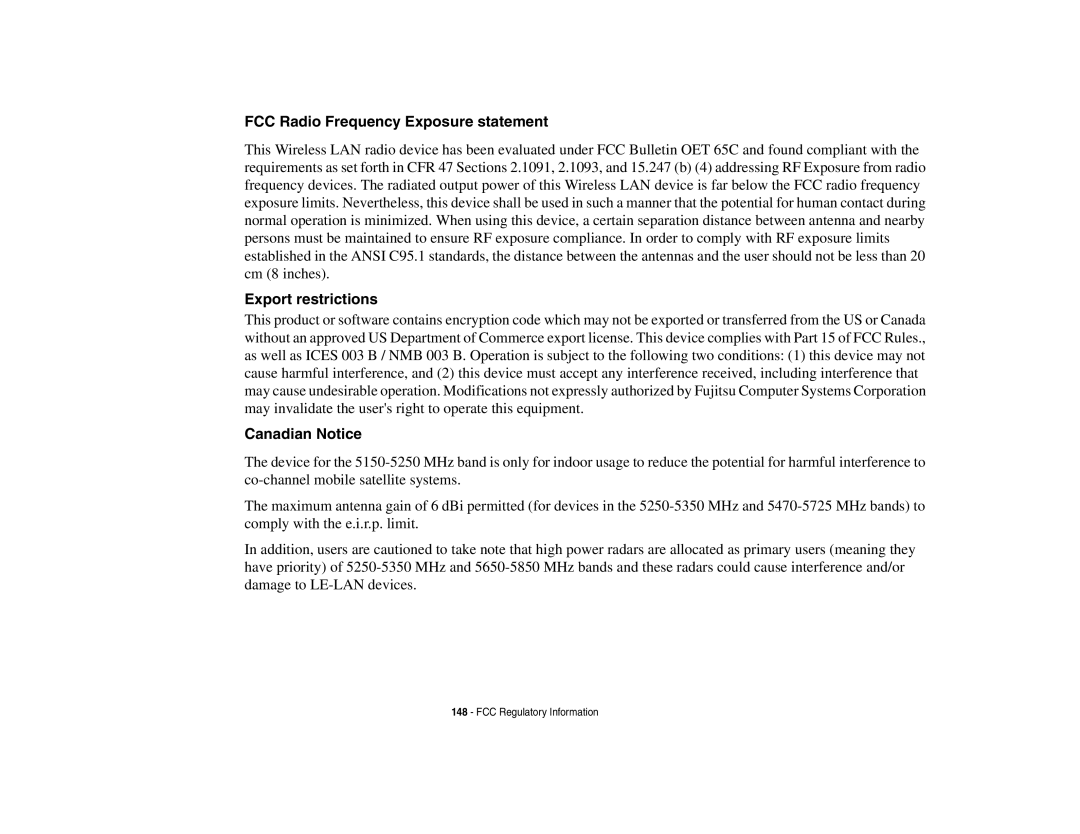 Fujitsu Siemens Computers N6470 manual FCC Radio Frequency Exposure statement, Export restrictions, Canadian Notice 