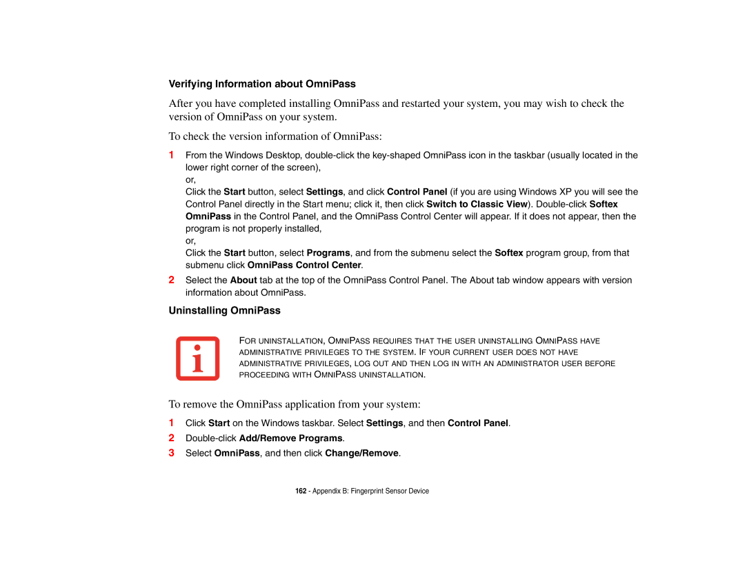 Fujitsu Siemens Computers N6470 manual Verifying Information about OmniPass, Uninstalling OmniPass 