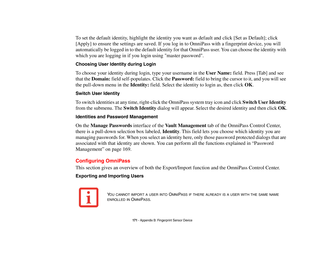 Fujitsu Siemens Computers N6470 manual Configuring OmniPass, Choosing User Identity during Login, Switch User Identity 