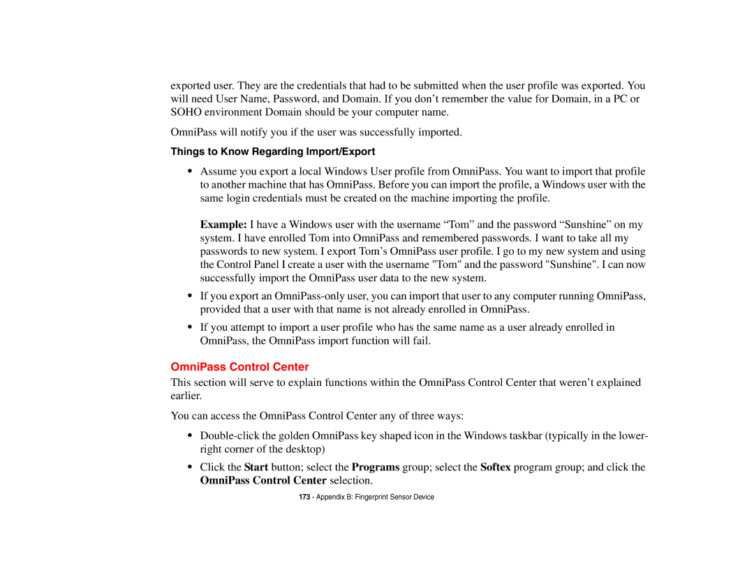 Fujitsu Siemens Computers N6470 manual OmniPass Control Center, Things to Know Regarding Import/Export 