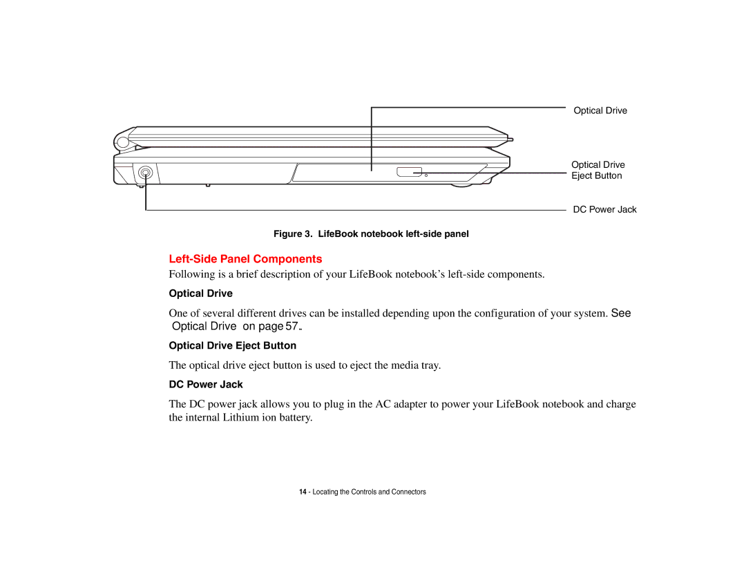 Fujitsu Siemens Computers N6470 manual Left-Side Panel Components, Optical Drive Eject Button, DC Power Jack 