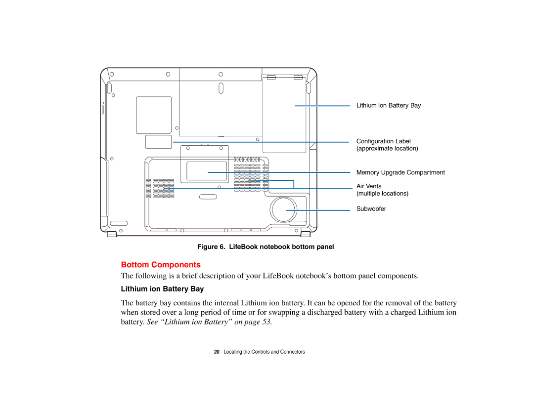 Fujitsu Siemens Computers N6470 manual Bottom Components, Lithium ion Battery Bay 