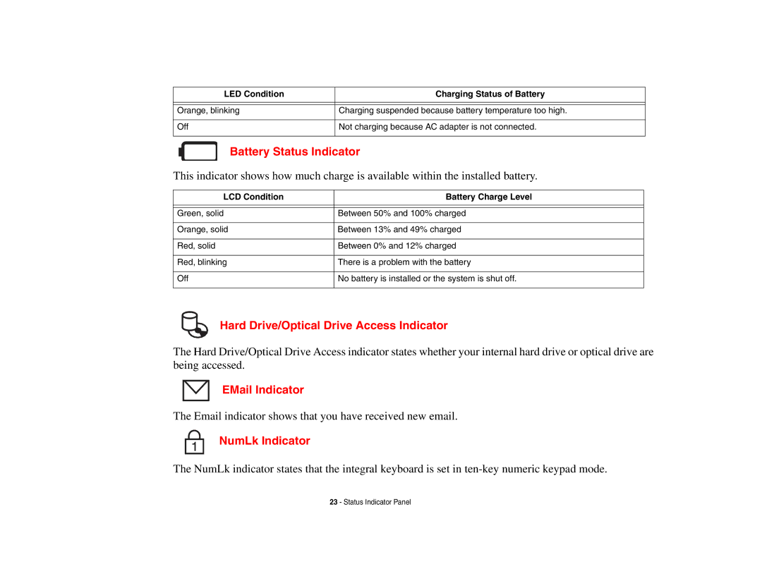 Fujitsu Siemens Computers N6470 manual Battery Status Indicator, Hard Drive/Optical Drive Access Indicator, EMail Indicator 