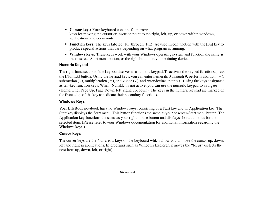 Fujitsu Siemens Computers N6470 manual Numeric Keypad, Windows Keys, Cursor Keys 