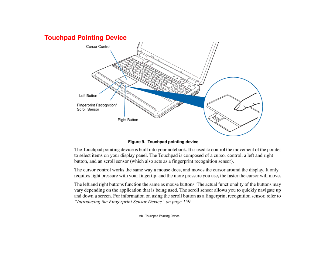 Fujitsu Siemens Computers N6470 manual Touchpad Pointing Device, Touchpad pointing device 