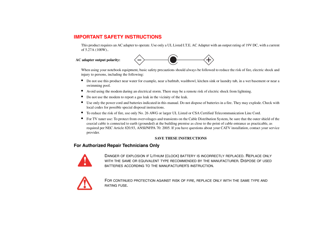 Fujitsu Siemens Computers N6470 manual Important Safety Instructions, For Authorized Repair Technicians Only 