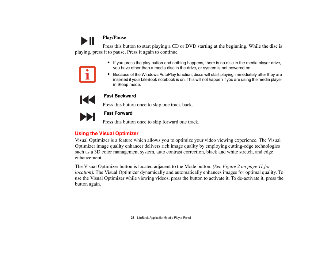 Fujitsu Siemens Computers N6470 manual Using the Visual Optimizer, Fast Backward, Fast Forward 