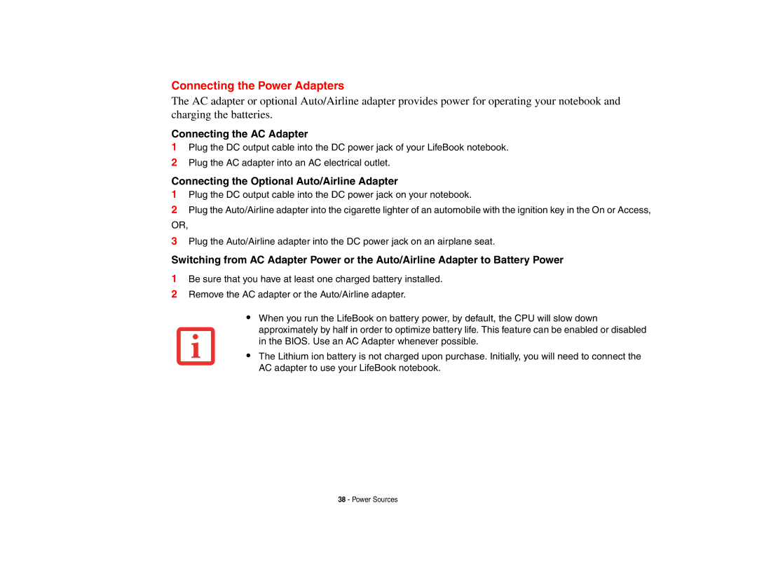 Fujitsu Siemens Computers N6470 manual Connecting the Power Adapters, Connecting the AC Adapter 