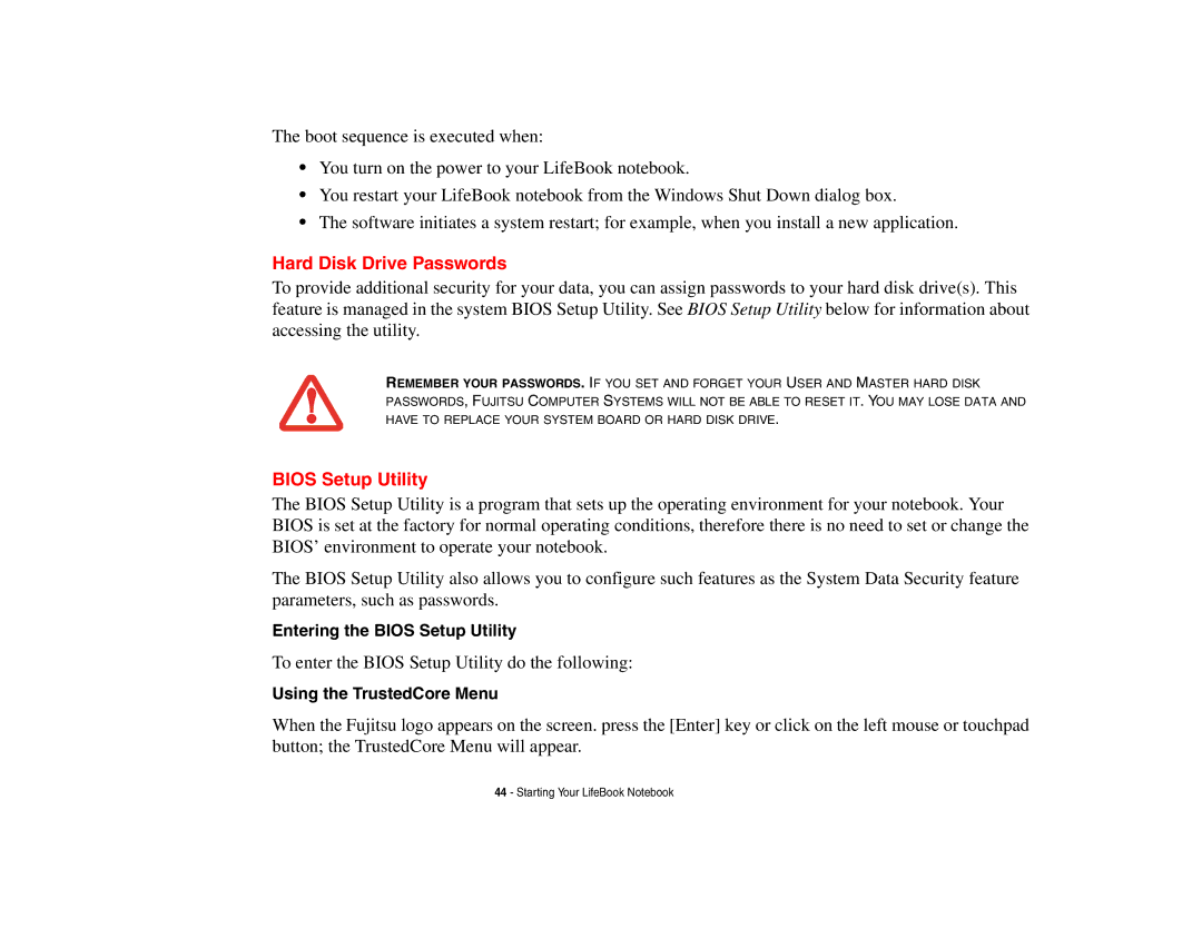 Fujitsu Siemens Computers N6470 Hard Disk Drive Passwords, Entering the Bios Setup Utility, Using the TrustedCore Menu 