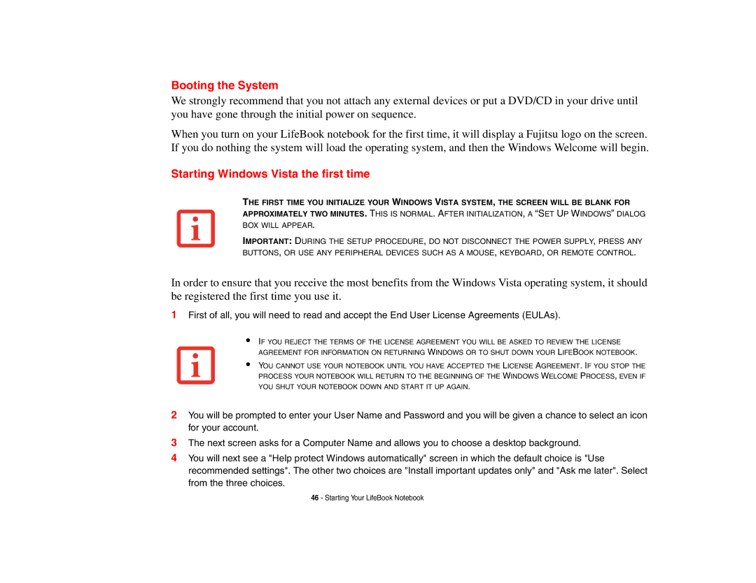 Fujitsu Siemens Computers N6470 manual Booting the System, Starting Windows Vista the first time 