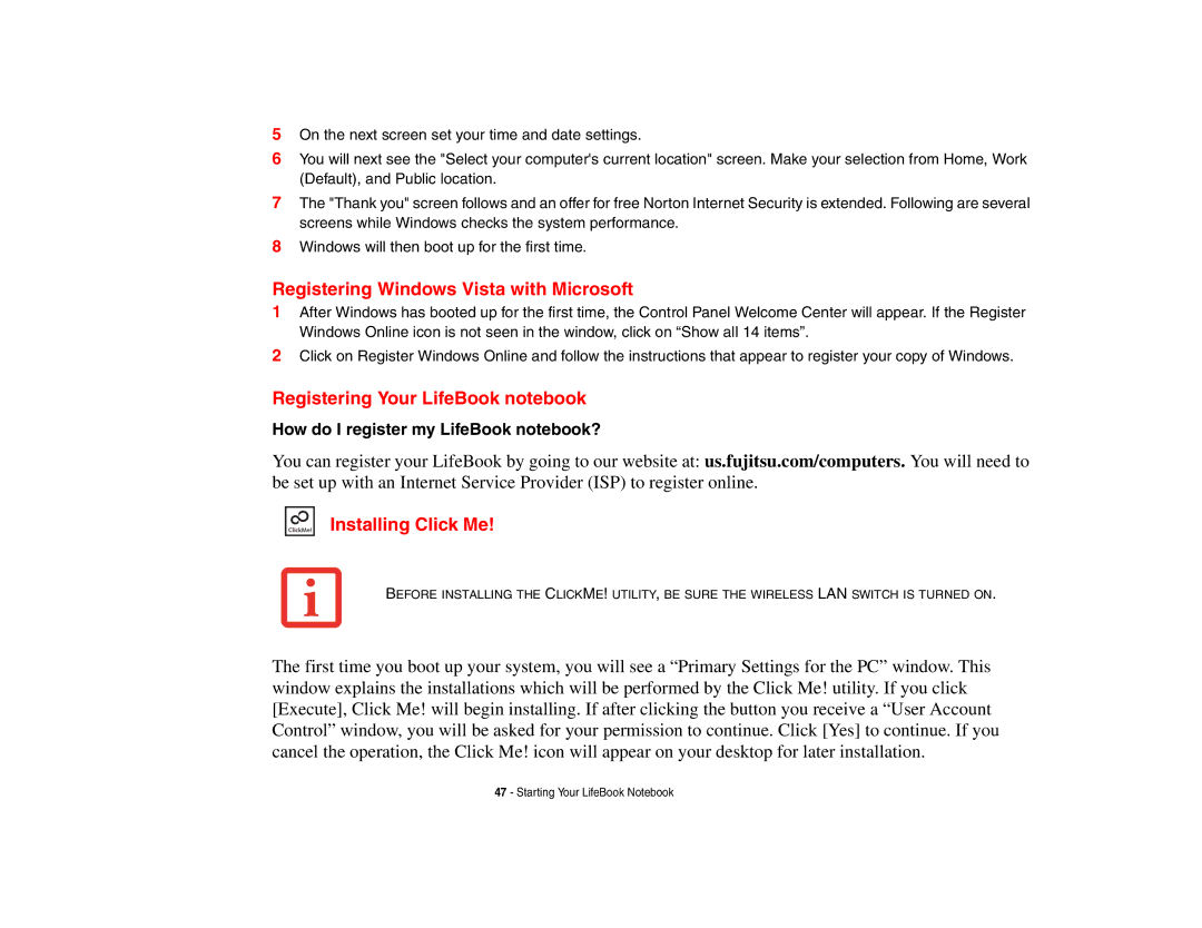 Fujitsu Siemens Computers N6470 manual Registering Windows Vista with Microsoft, Registering Your LifeBook notebook 