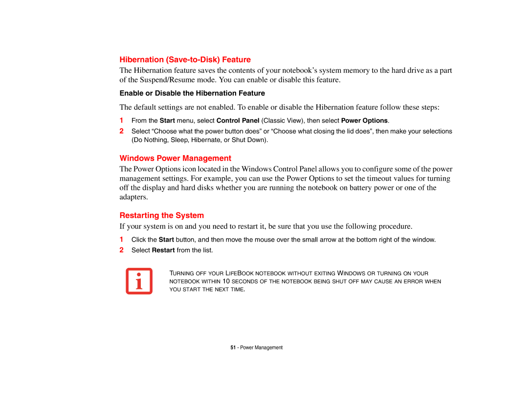 Fujitsu Siemens Computers N6470 manual Hibernation Save-to-Disk Feature, Windows Power Management, Restarting the System 