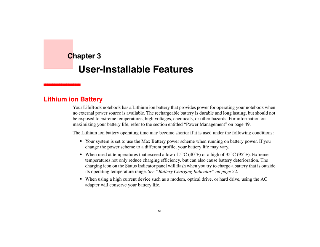 Fujitsu Siemens Computers N6470 manual User-Installable Features, Lithium ion Battery 