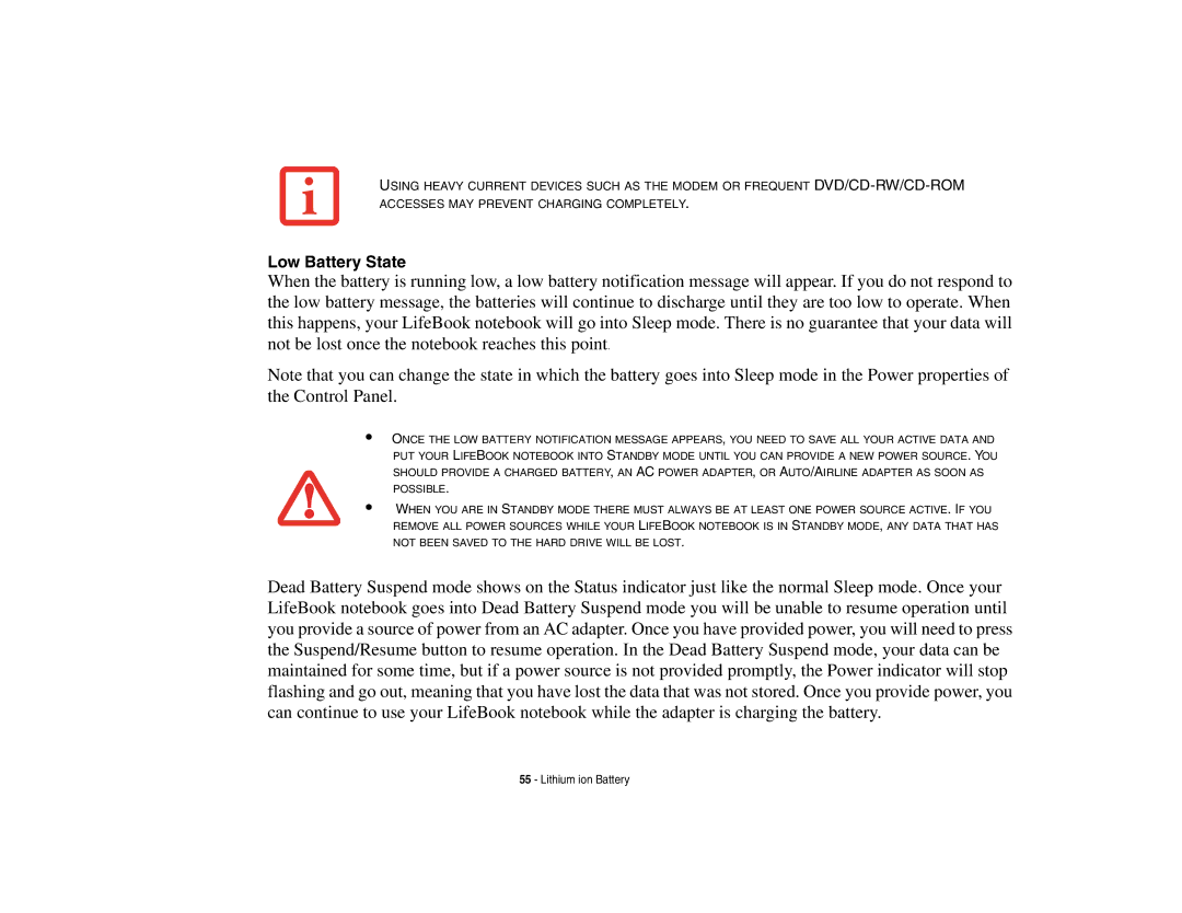 Fujitsu Siemens Computers N6470 manual Low Battery State 