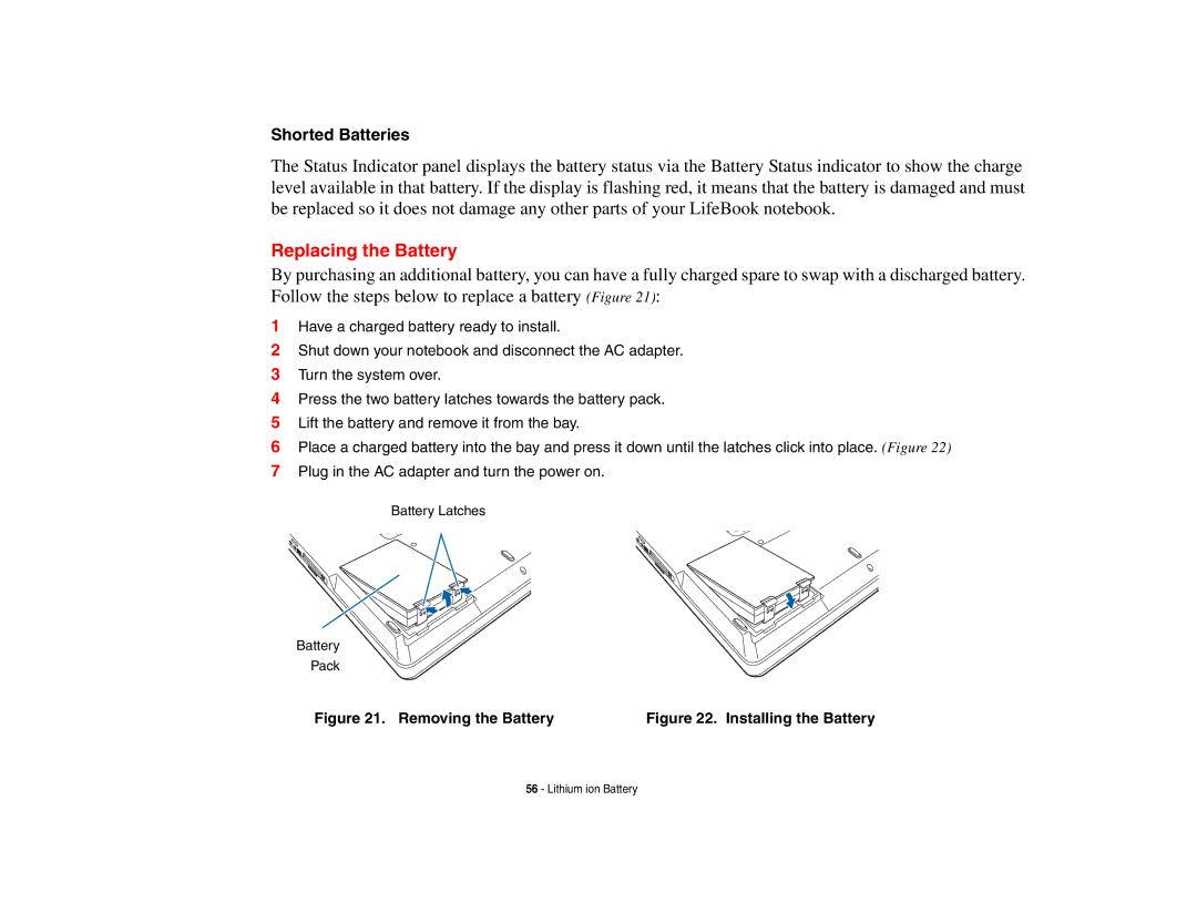 Fujitsu Siemens Computers N6470 manual Replacing the Battery, Shorted Batteries 