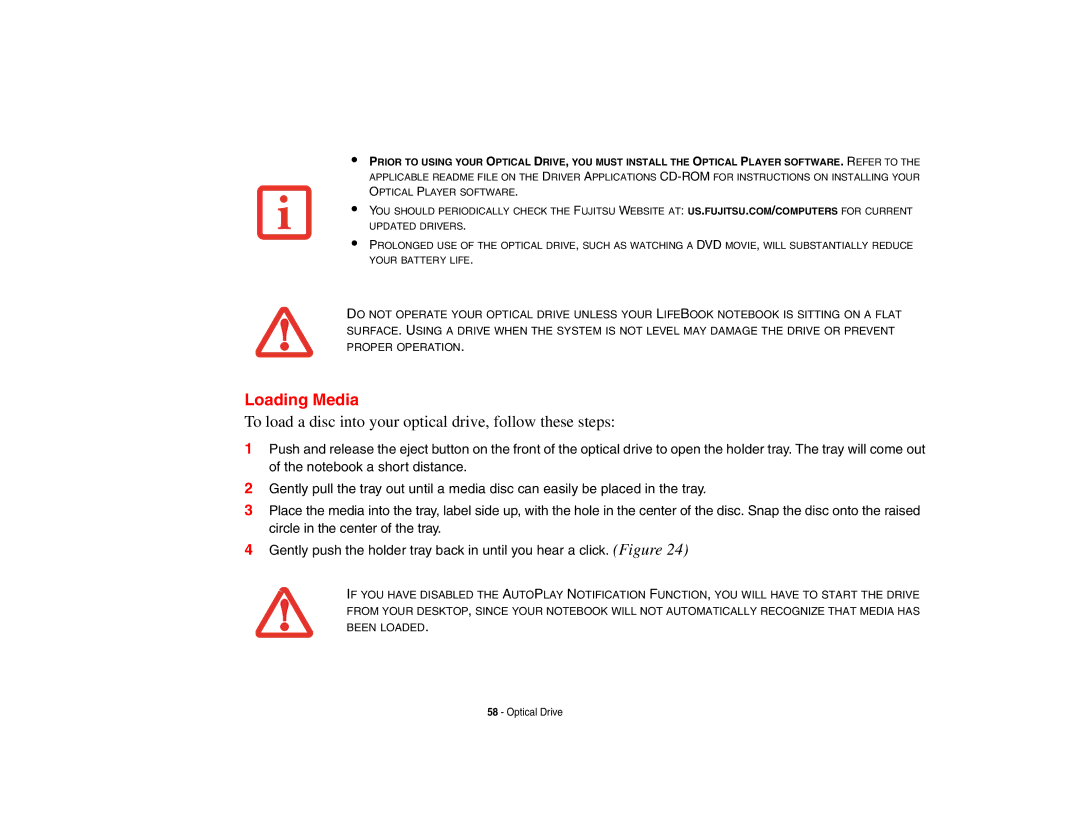 Fujitsu Siemens Computers N6470 manual Loading Media, To load a disc into your optical drive, follow these steps 