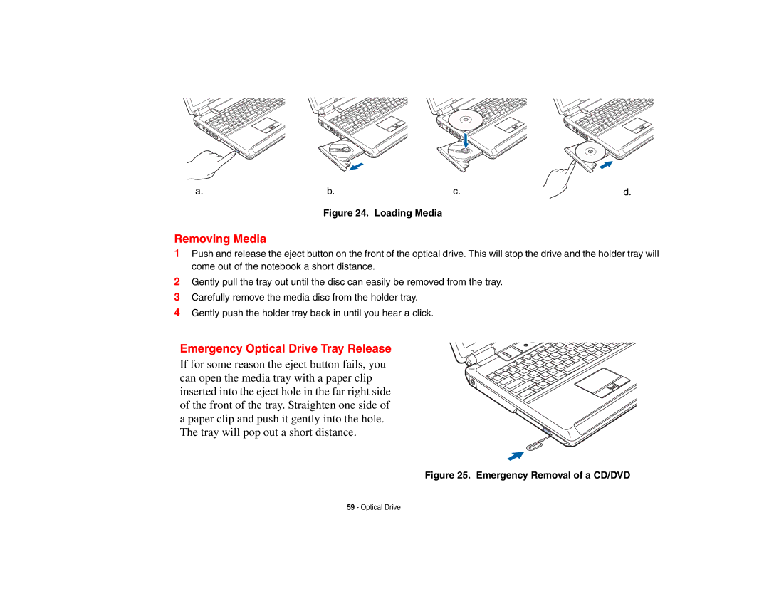 Fujitsu Siemens Computers N6470 manual Removing Media, Emergency Optical Drive Tray Release 