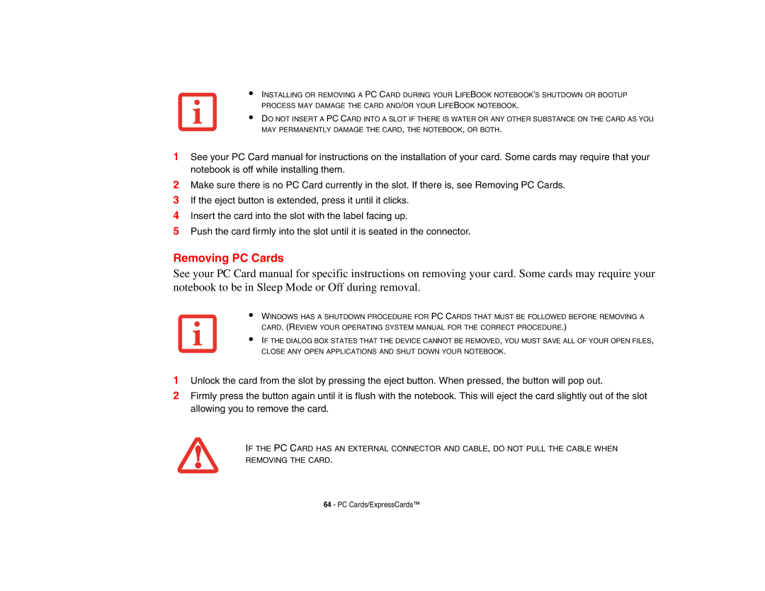 Fujitsu Siemens Computers N6470 manual Removing PC Cards 