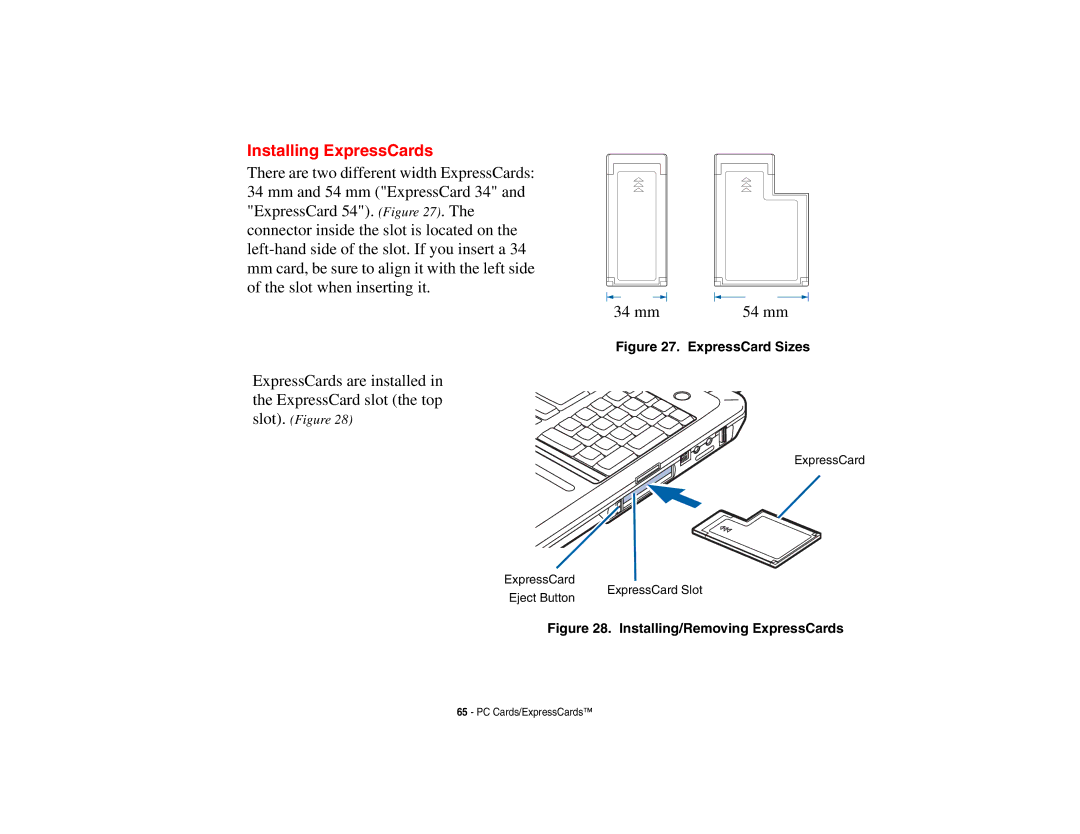 Fujitsu Siemens Computers N6470 manual Installing ExpressCards, ExpressCard Sizes 