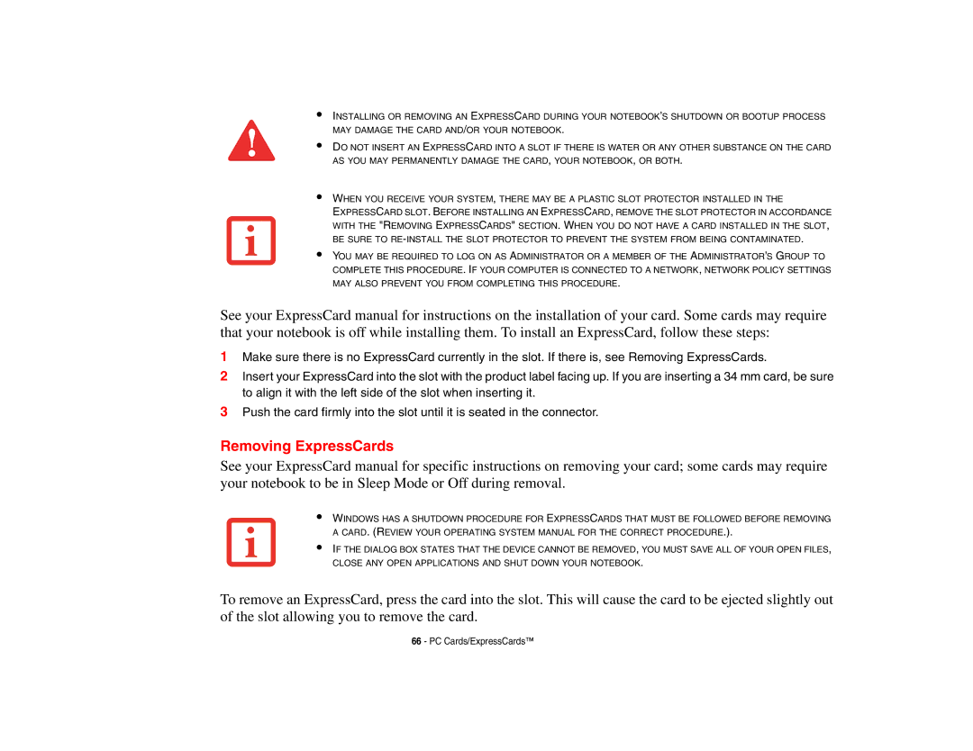 Fujitsu Siemens Computers N6470 manual Removing ExpressCards 