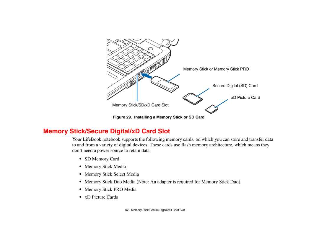 Fujitsu Siemens Computers N6470 manual Memory Stick/Secure Digital/xD Card Slot, Installing a Memory Stick or SD Card 