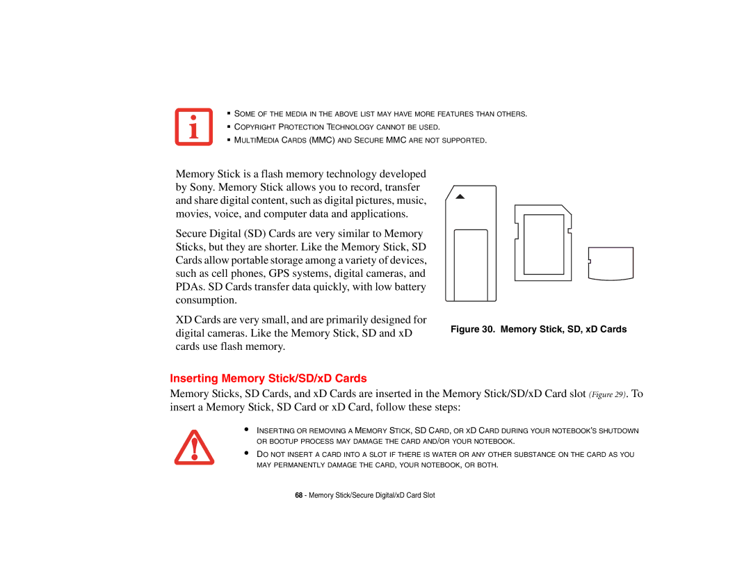 Fujitsu Siemens Computers N6470 manual Inserting Memory Stick/SD/xD Cards, Memory Stick, SD, xD Cards 