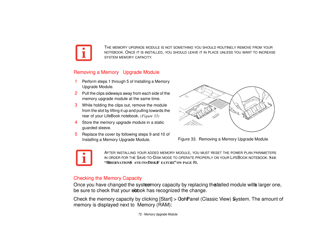 Fujitsu Siemens Computers N6470 manual Removing a Memory Upgrade Module, Checking the Memory Capacity 