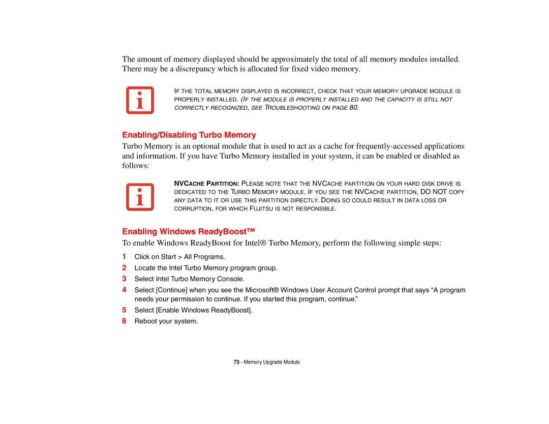 Fujitsu Siemens Computers N6470 manual Enabling/Disabling Turbo Memory, Enabling Windows ReadyBoost 