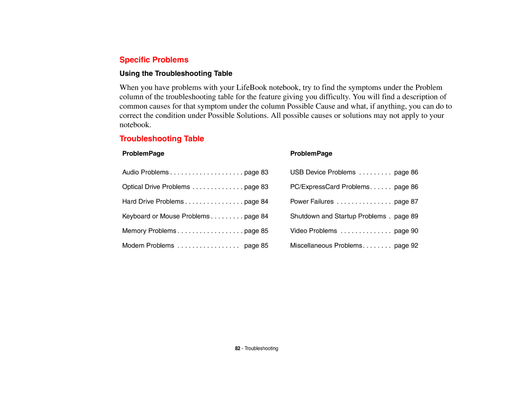 Fujitsu Siemens Computers N6470 manual Specific Problems, Using the Troubleshooting Table, ProblemPage 