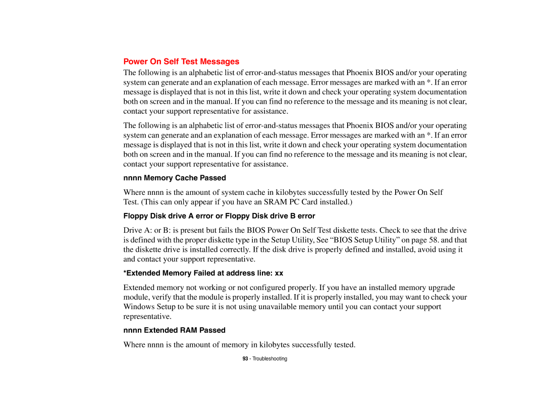 Fujitsu Siemens Computers N6470 manual Power On Self Test Messages, Nnnn Memory Cache Passed, Nnnn Extended RAM Passed 