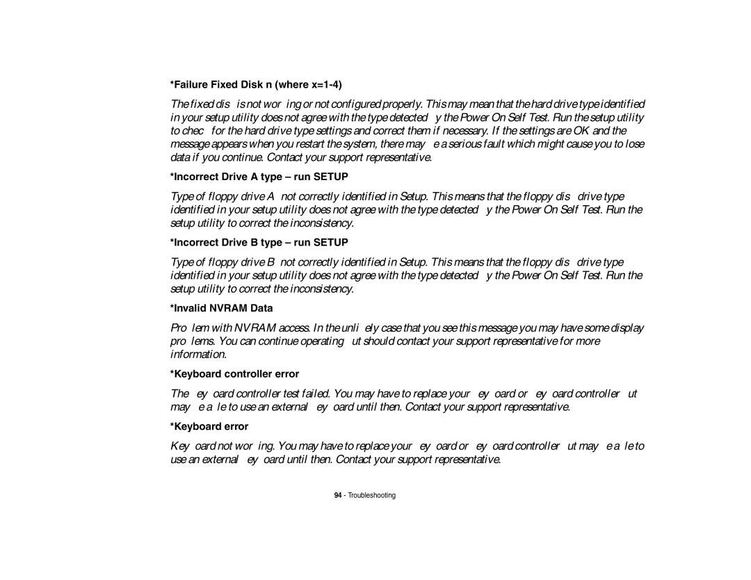 Fujitsu Siemens Computers N6470 Failure Fixed Disk n where x=1-4, Incorrect Drive a type run Setup, Invalid Nvram Data 