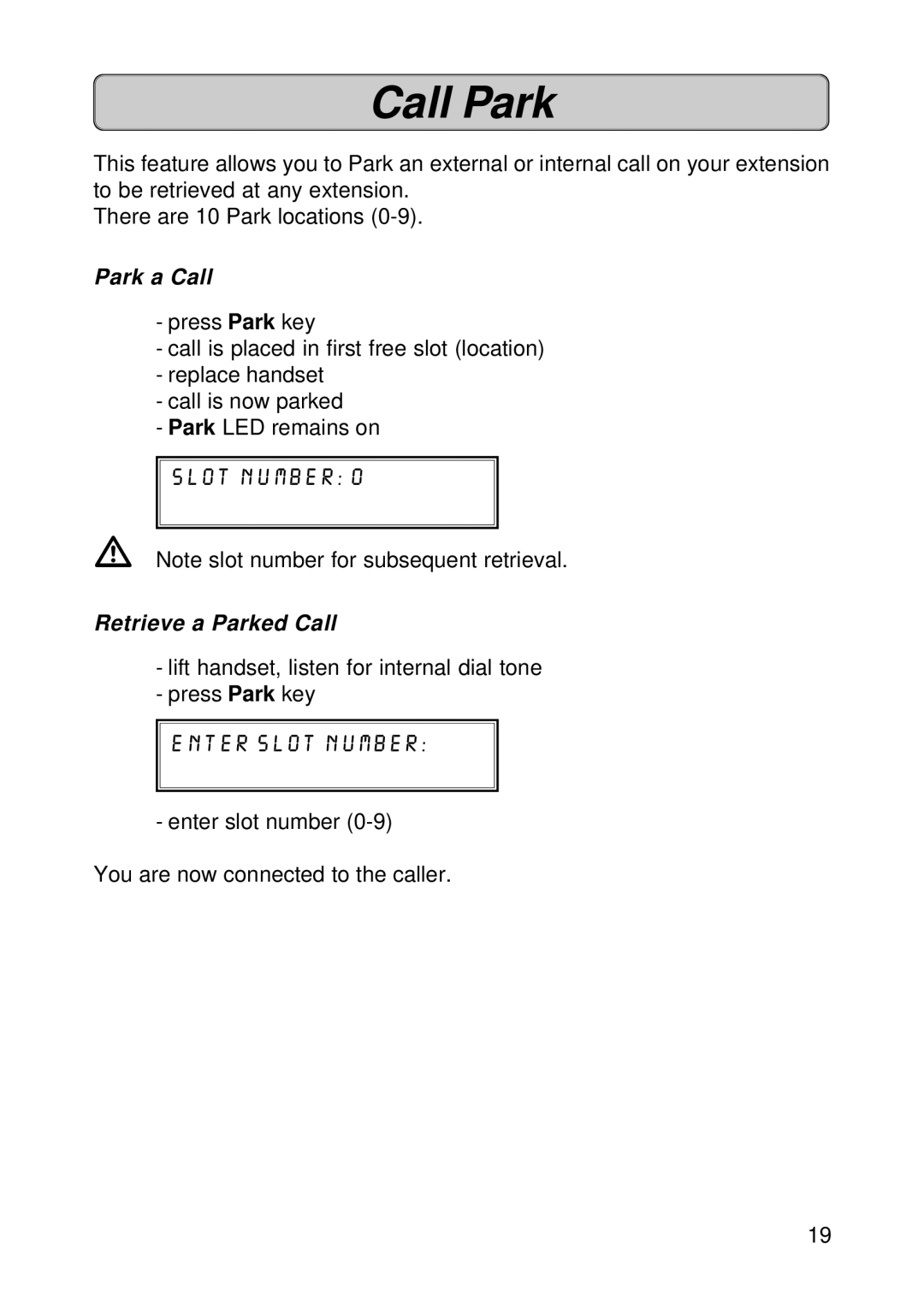 Fujitsu Siemens Computers OPTISET E ADVANCE PLUS manual Call Park, Park a Call, Retrieve a Parked Call, Enter slot number 