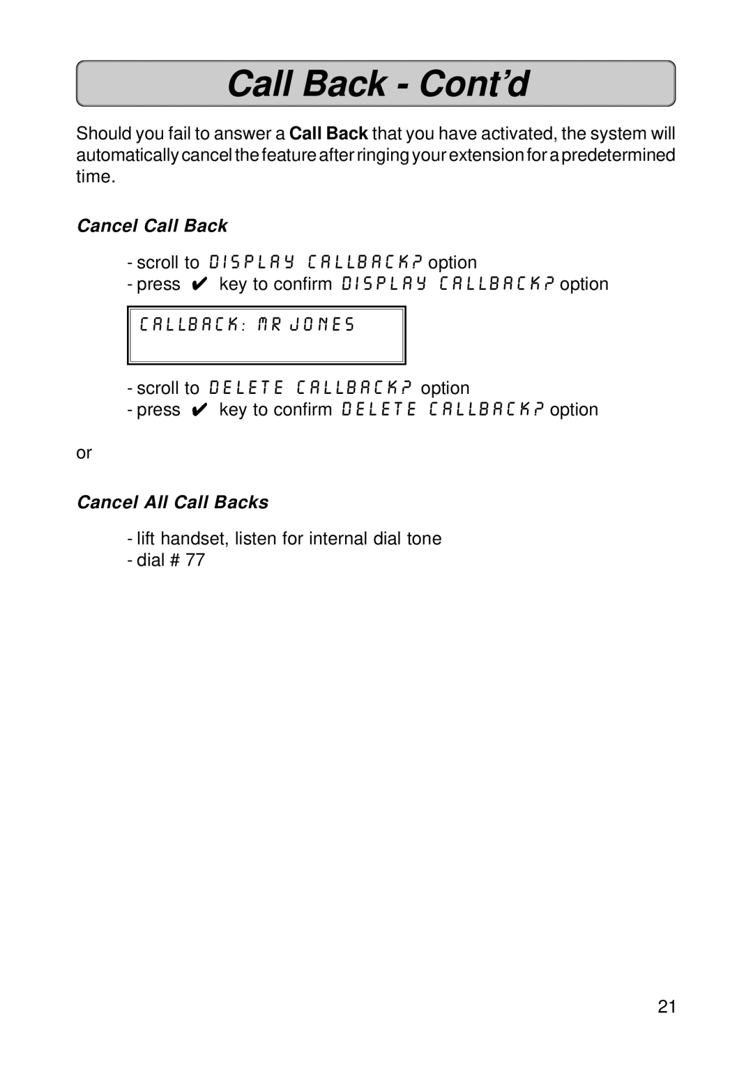 Fujitsu Siemens Computers OPTISET E ADVANCE PLUS Call Back Cont’d, Cancel Call Back, Scroll to display callback? option 