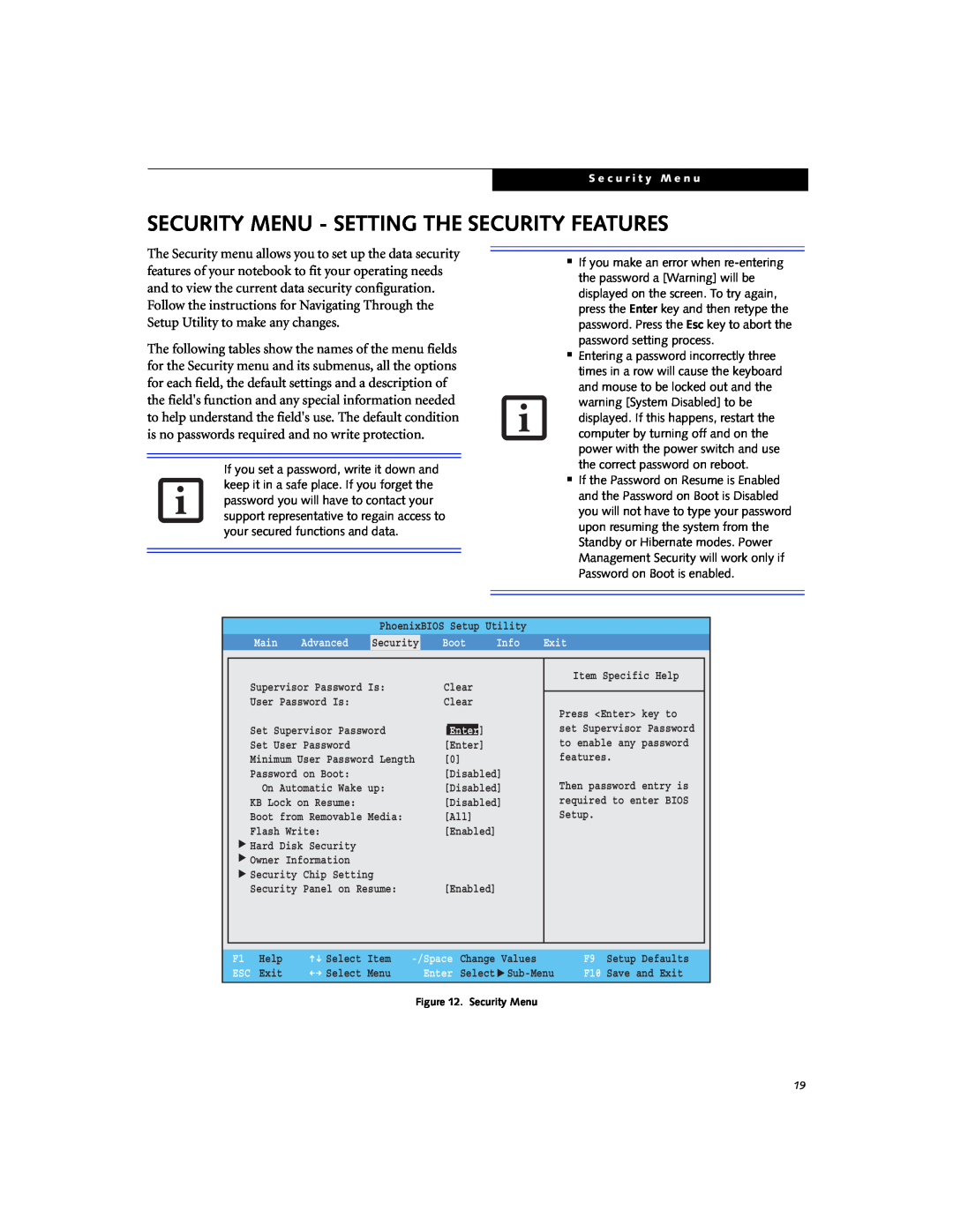 Fujitsu Siemens Computers P1610 manual Security Menu - Setting The Security Features, S e c u r i t y M e n u 
