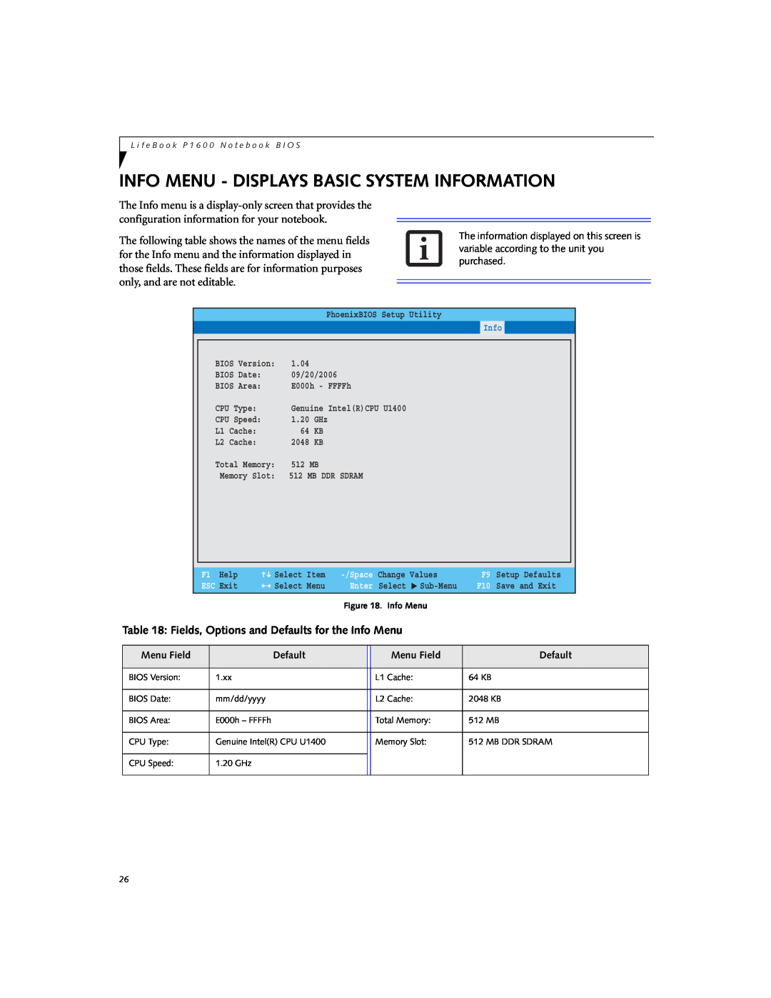 Fujitsu Siemens Computers P1610 manual Info Menu - Displays Basic System Information 