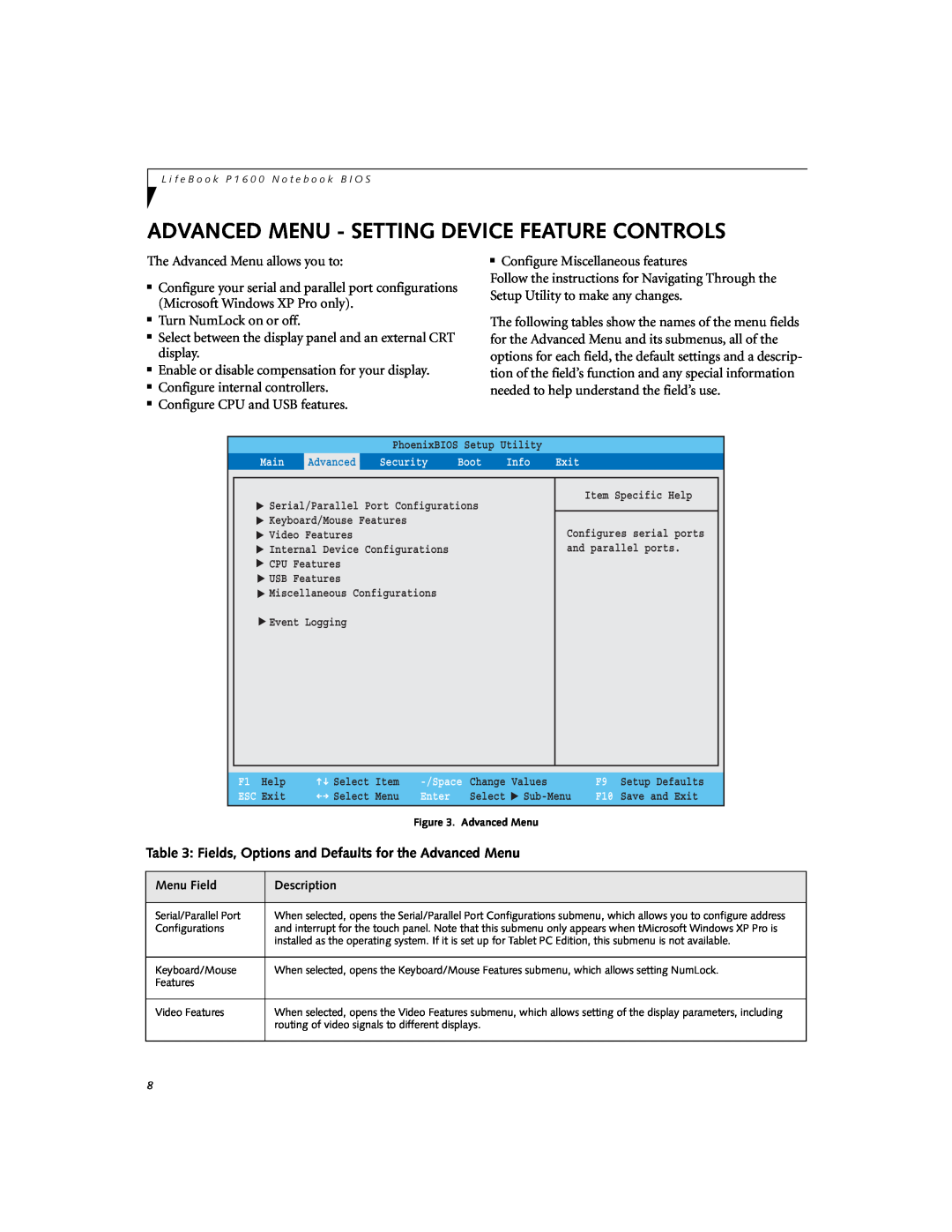 Fujitsu Siemens Computers P1610 manual Advanced Menu - Setting Device Feature Controls 