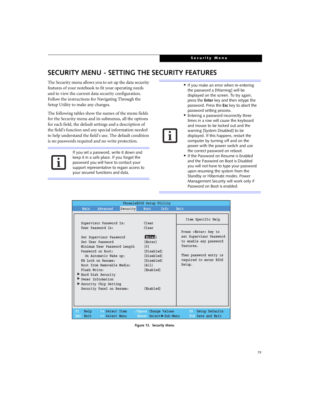 Fujitsu Siemens Computers P1610 manual Security Menu Setting the Security Features, Boot Info Exit 