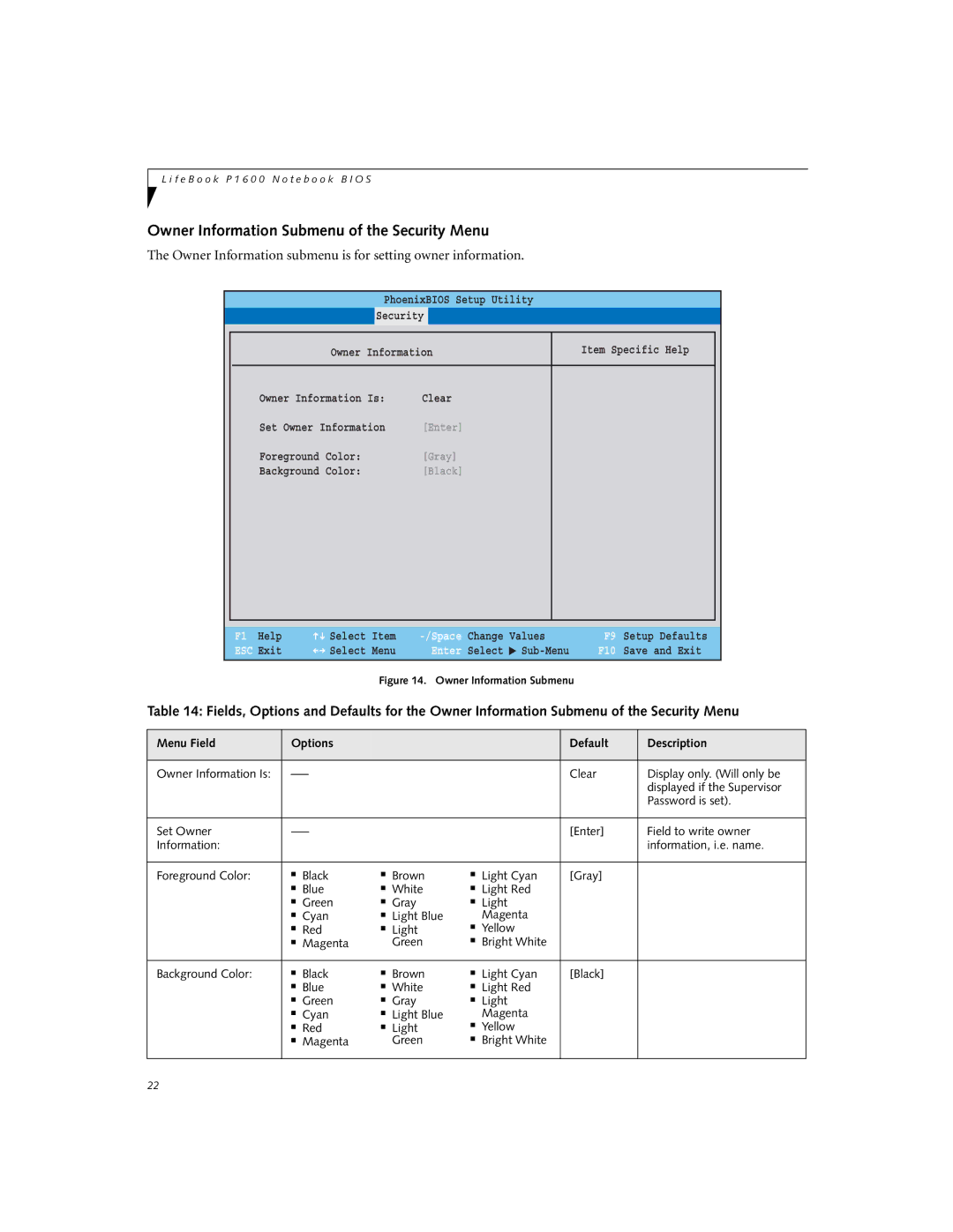 Fujitsu Siemens Computers P1610 manual Owner Information Submenu of the Security Menu 