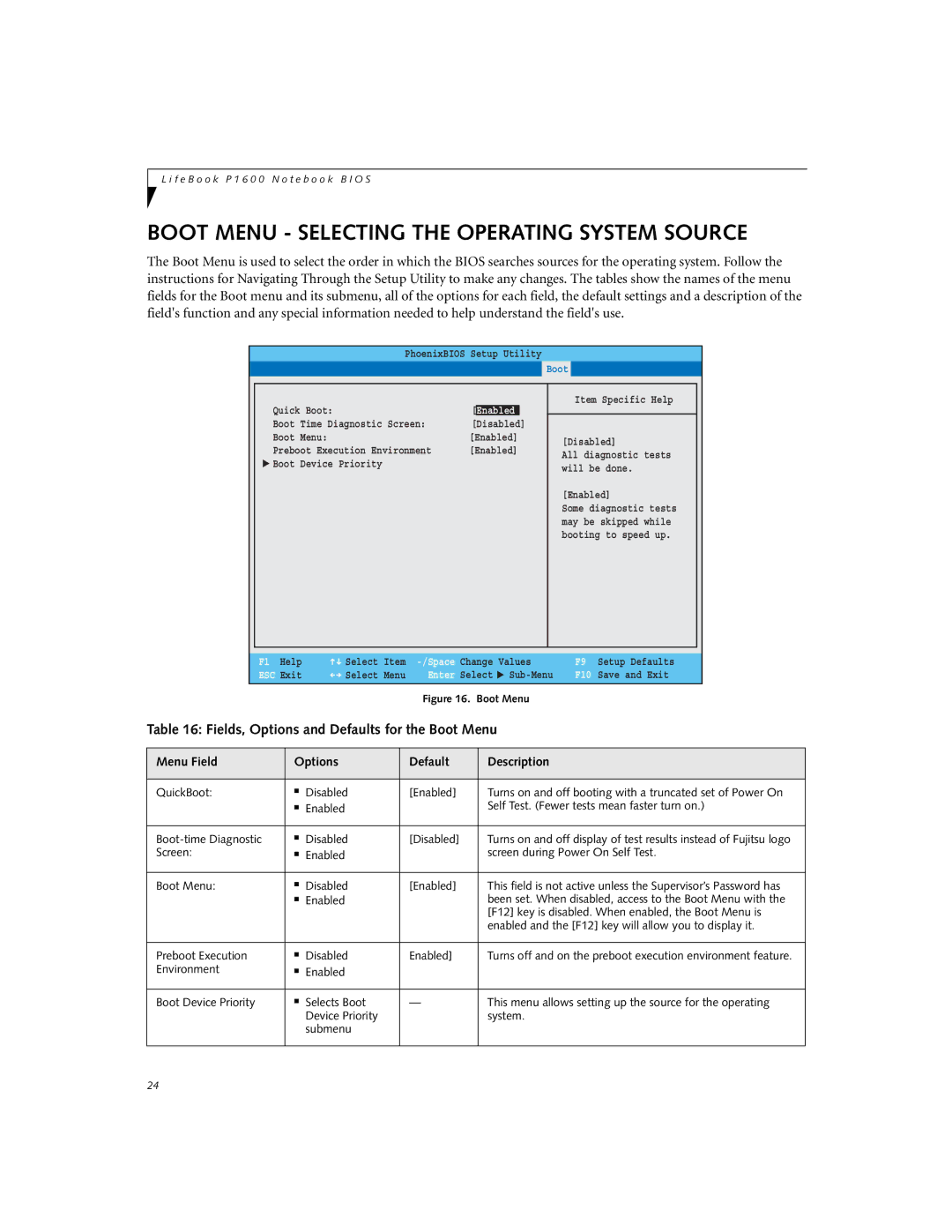 Fujitsu Siemens Computers P1610 manual Boot Menu Selecting the Operating System Source 